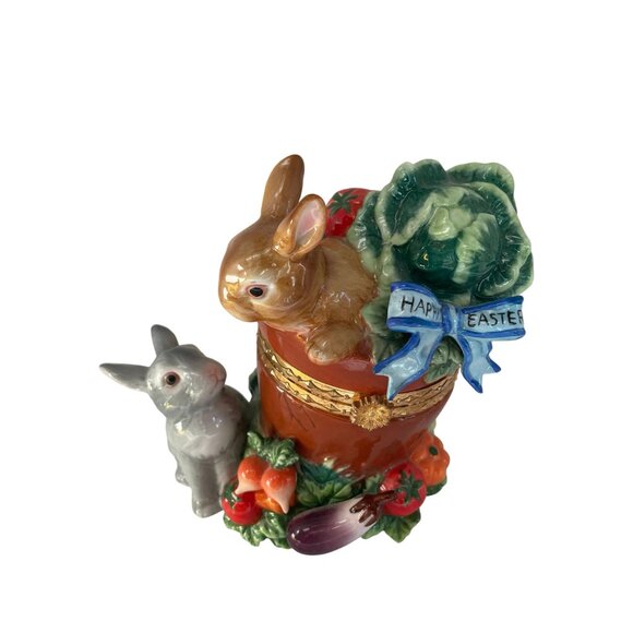 Decorative Ceramic Easter Rabbit Trinket Box 8" x 6" Vegetables Happy Easter Rib - Picture 4 of 13